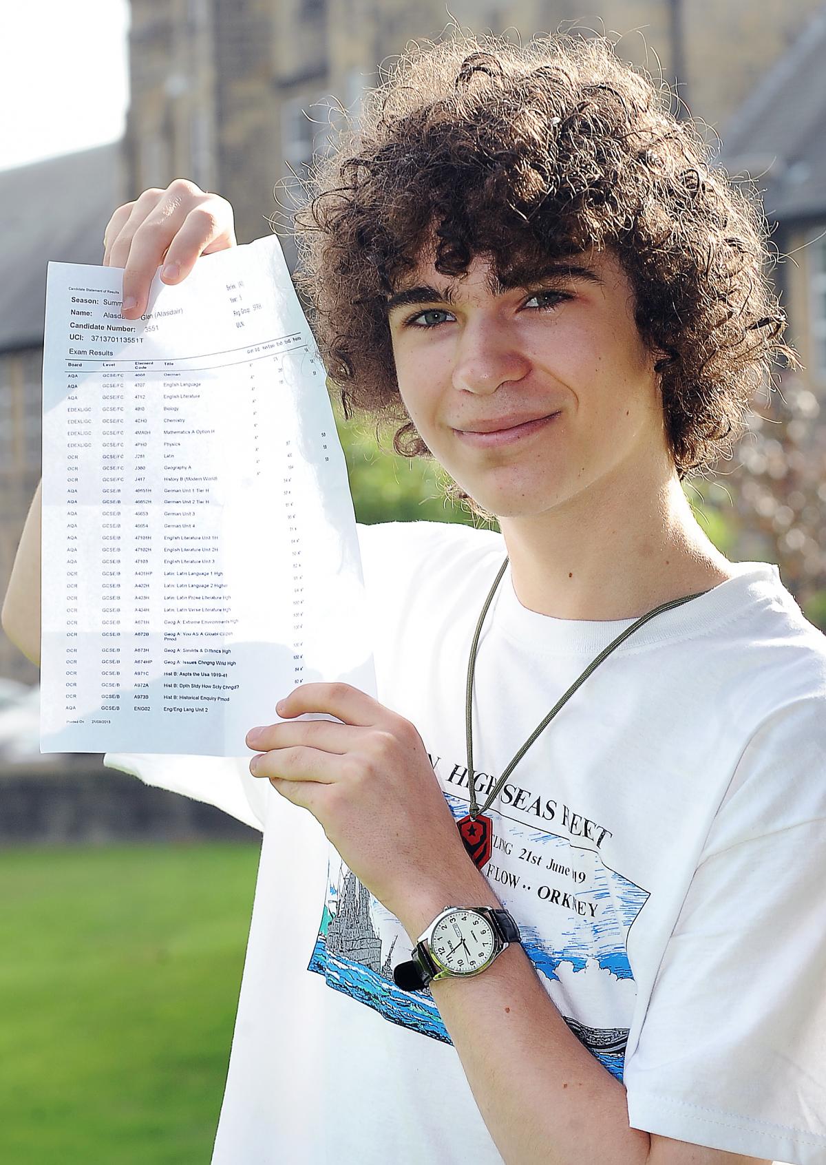 10 A Star student Alisdair Glen with his GCSE results at Bradford Grammar School