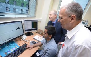 Research technician Sadr Ul Shaheed, centre, senior lecturer Dr Chris Sutton, front, and Professor Laurence Patterson, back, at the Institute of Cancer Therapeutics at the University of Bradford