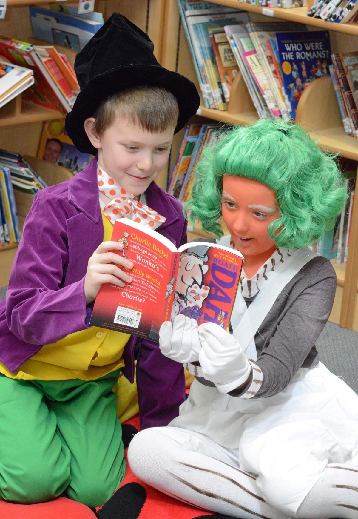 Connor Foran and Hannah Graham reading at Allerton Primary School on World Book Day