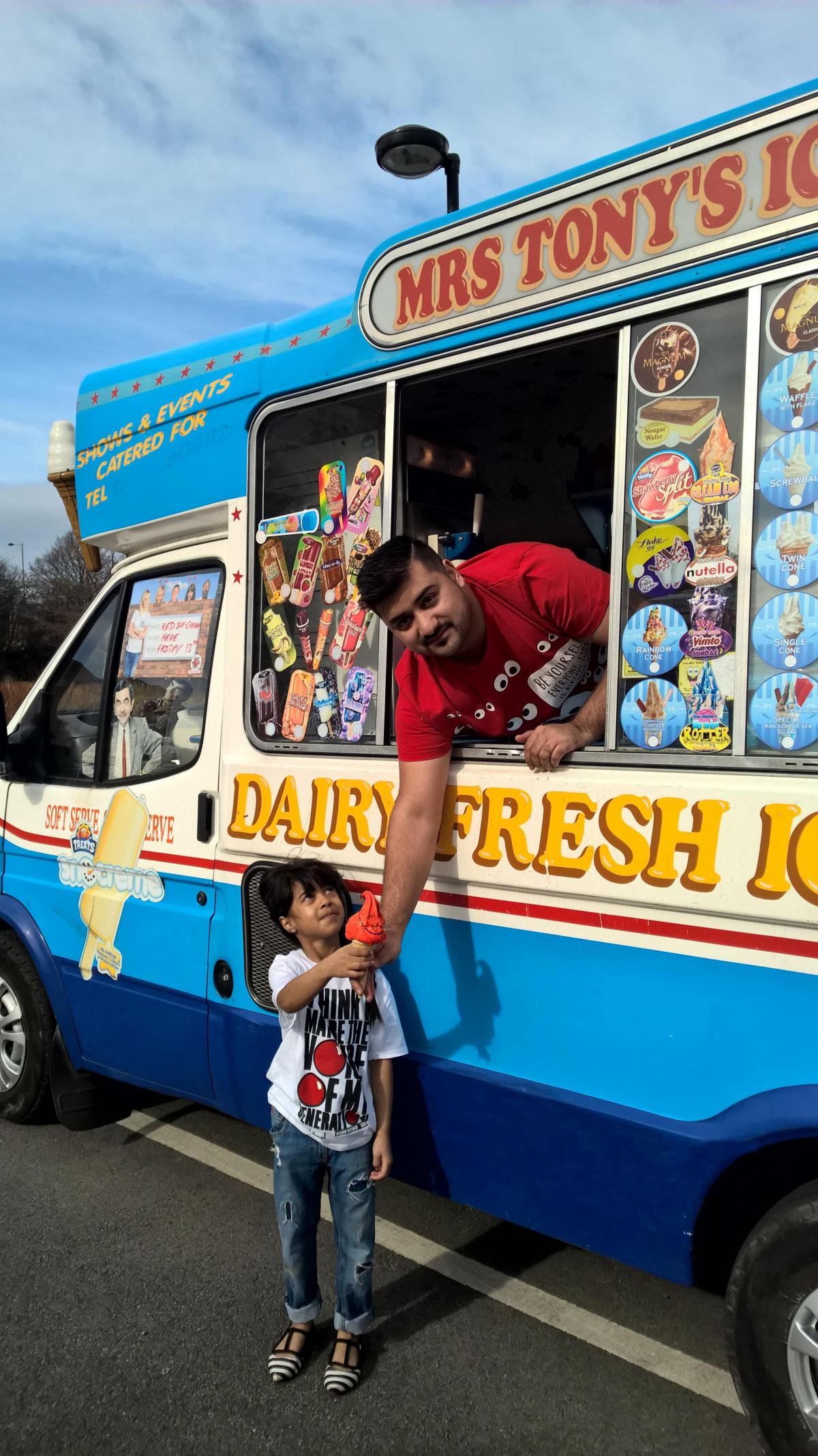 Naheem Uddin, with his daughter Shanaiya, who is donating 10% of his profits to Comic Relief from selling special red ice creams