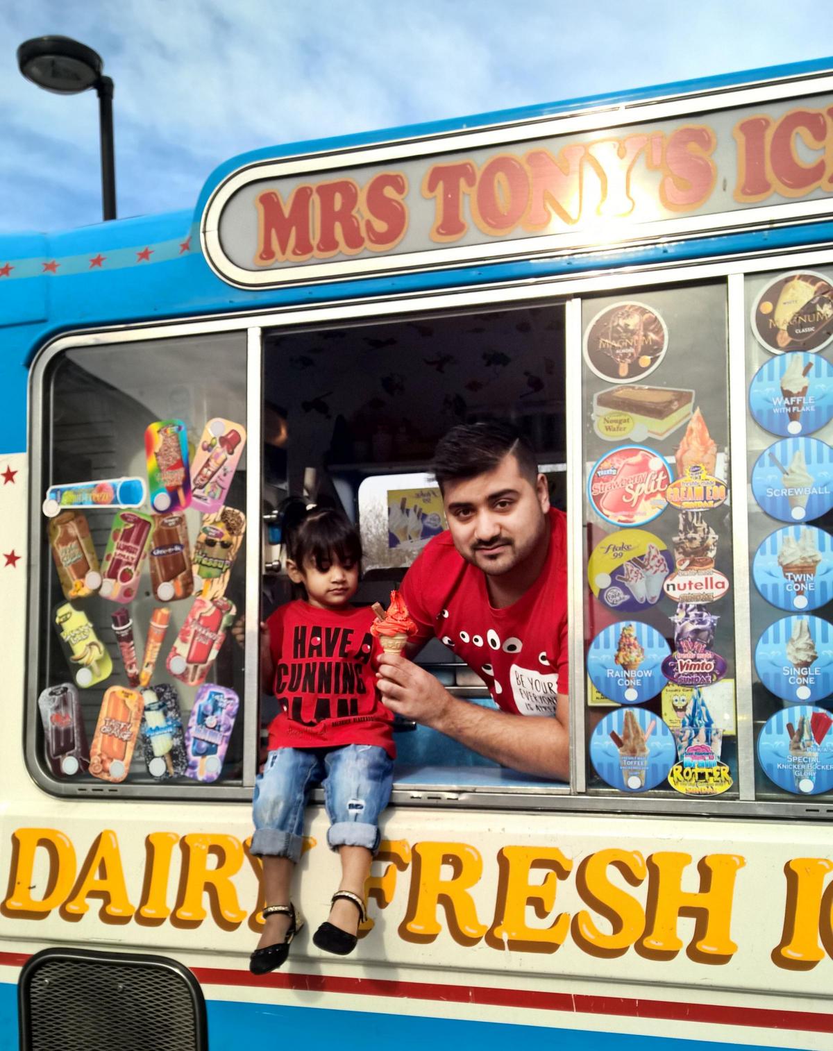 Naheem Uddin, with his daughter Shanaiya, who is donating 10% of his profits to Comic Relief from selling special red ice creams