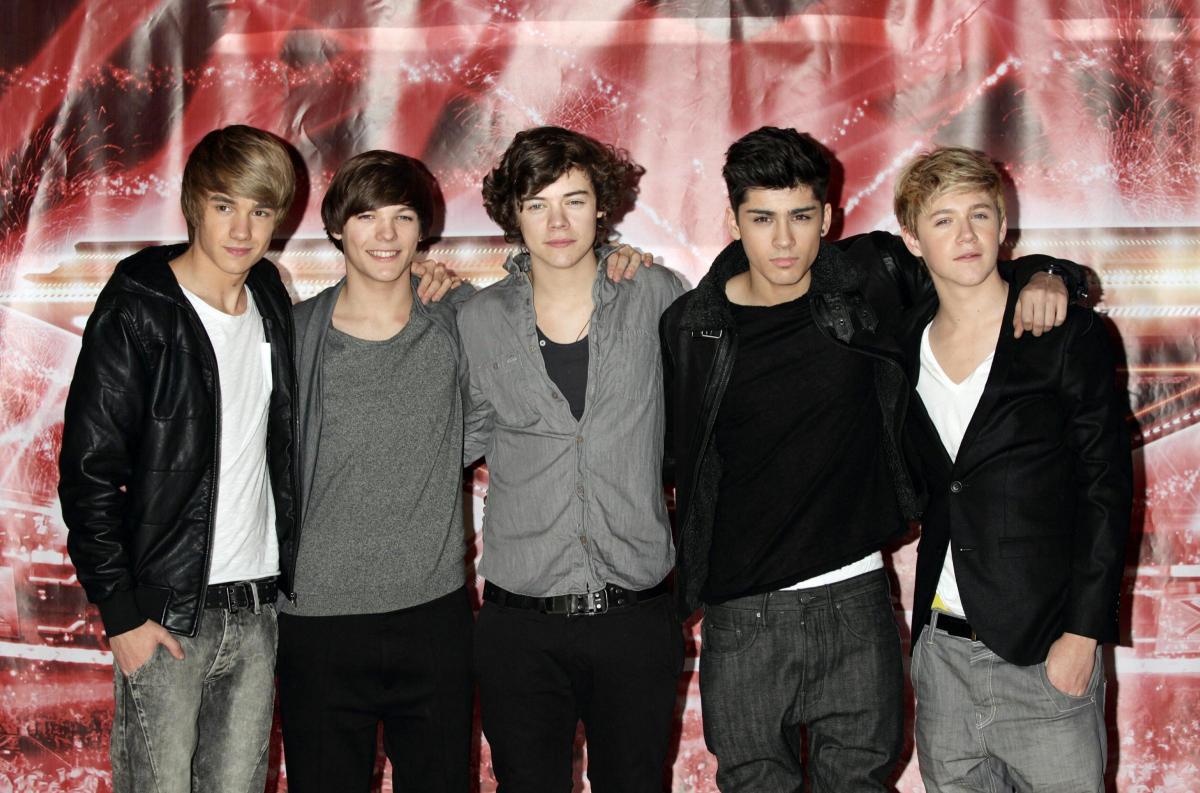 Liam Payne, Louis Tomlinson, Harry Styles, Zayn Malik and Niall Horan attending a press conference for The X Factor in 2010