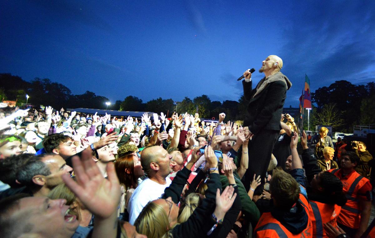 James frontman Tim Booth on stage at Bingley Music Live 2015
