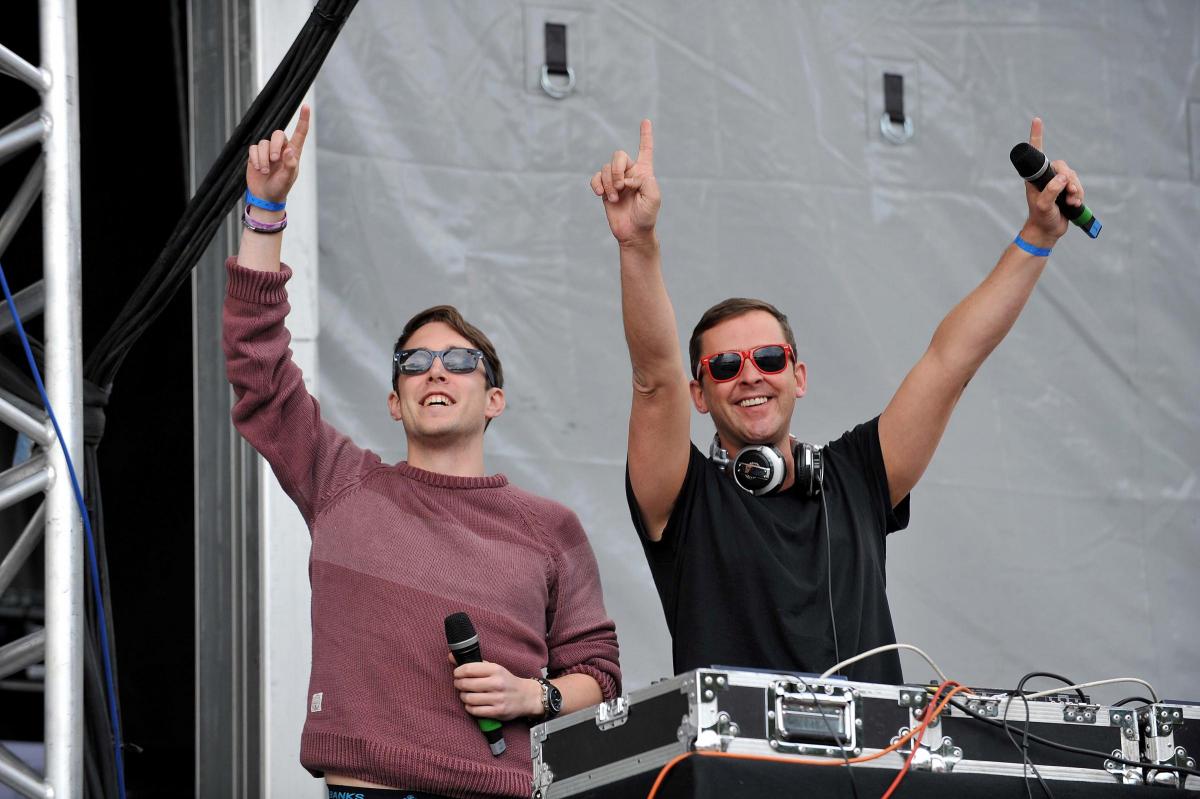 Cris Stark and Scott Mills on stage at Bingley Music Live 2015