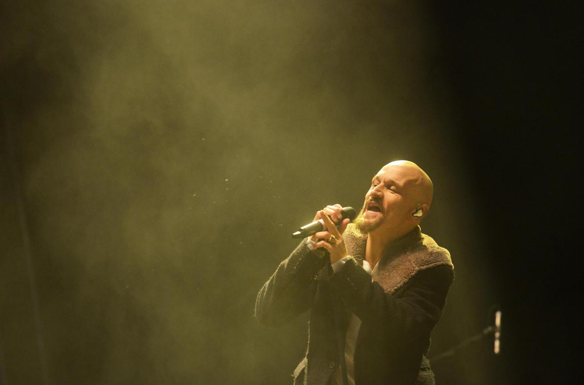 James frontman Tim Booth on stage at Bingley Music Live 2015