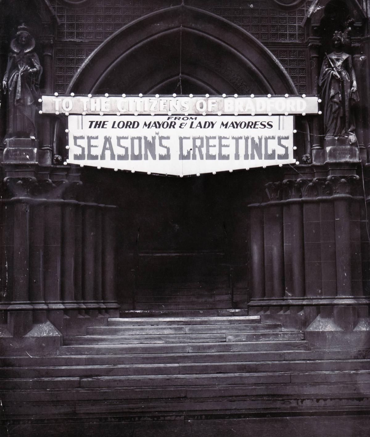 A Christmas message on Bradford Town Hall in 1962
