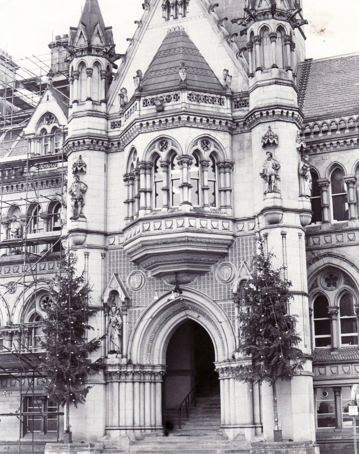 Some Christmas trees, with rather long trunks, outside City Hall in 1984