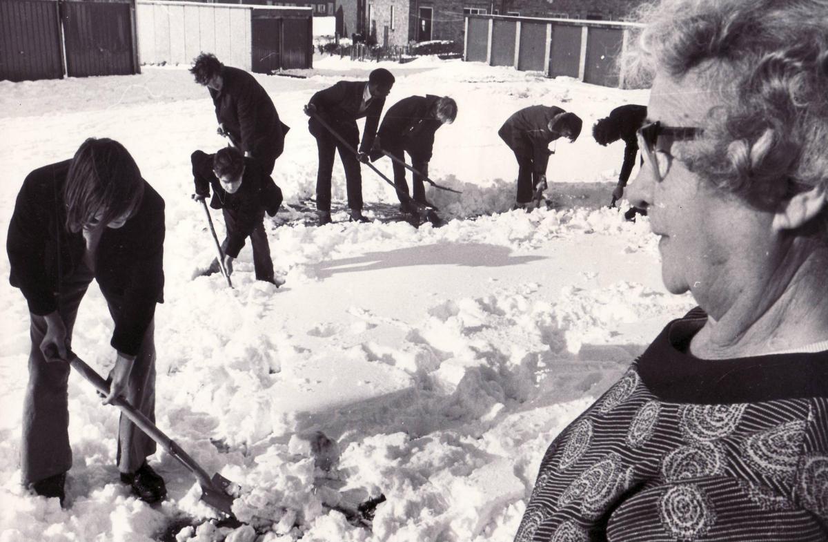 Pupils clearing snow at Rhodesway school, now Dixons Allerton Academy, in 1973