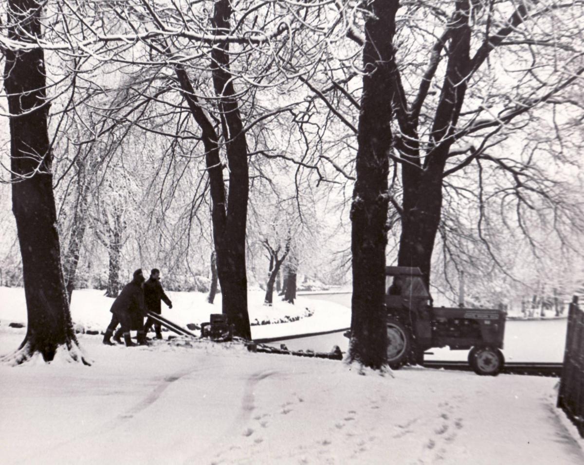 A tractor clears the snow from Lister Park in 1968