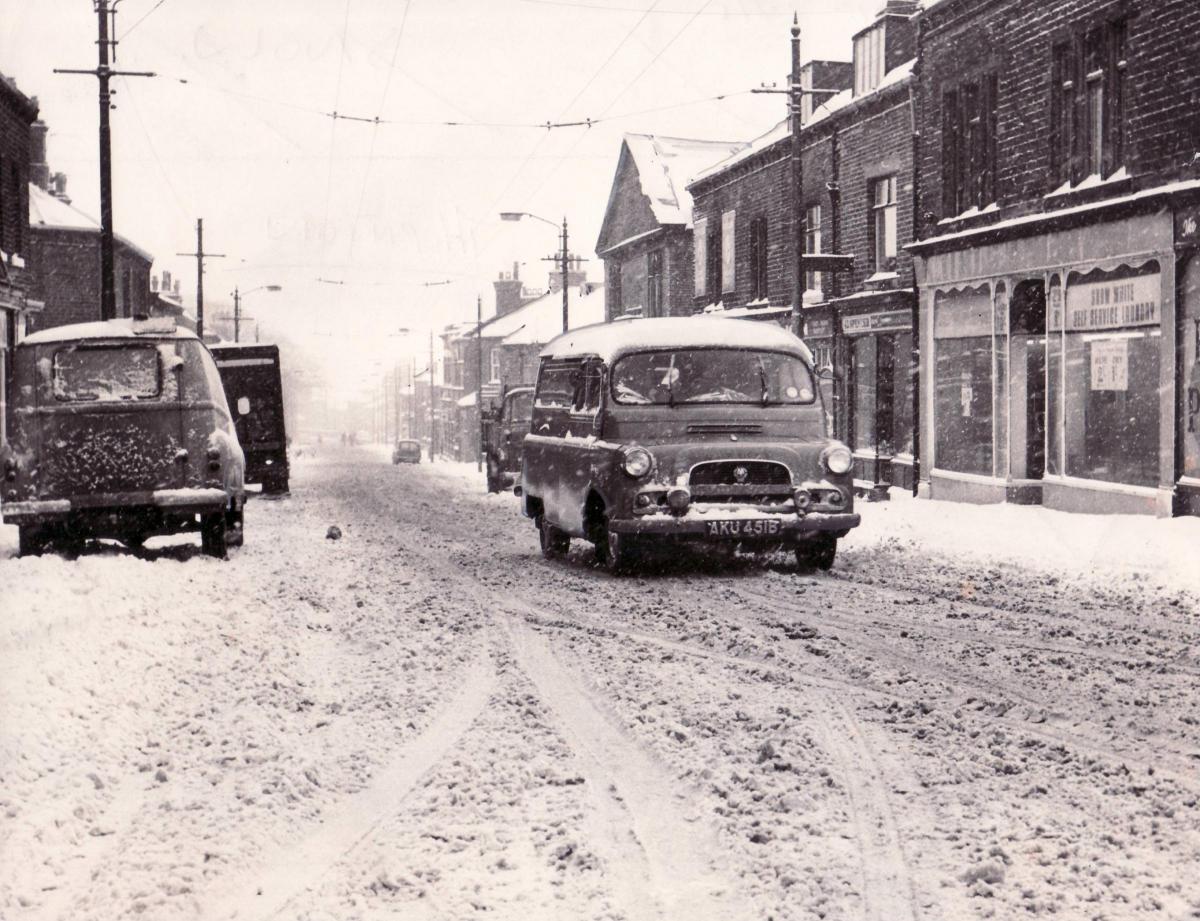 A snow and sludge covered road in Thornton in 1970