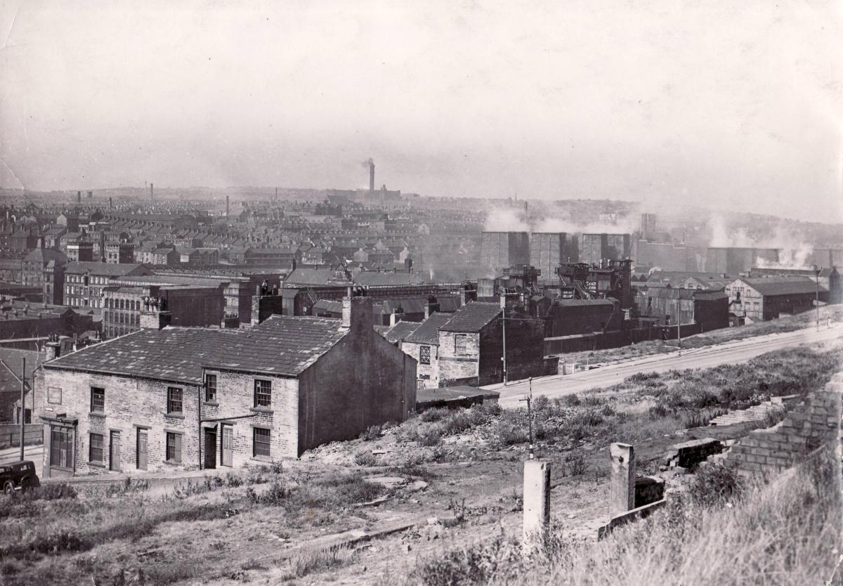 An undated picture taken from Bolton Road of Bradford mills