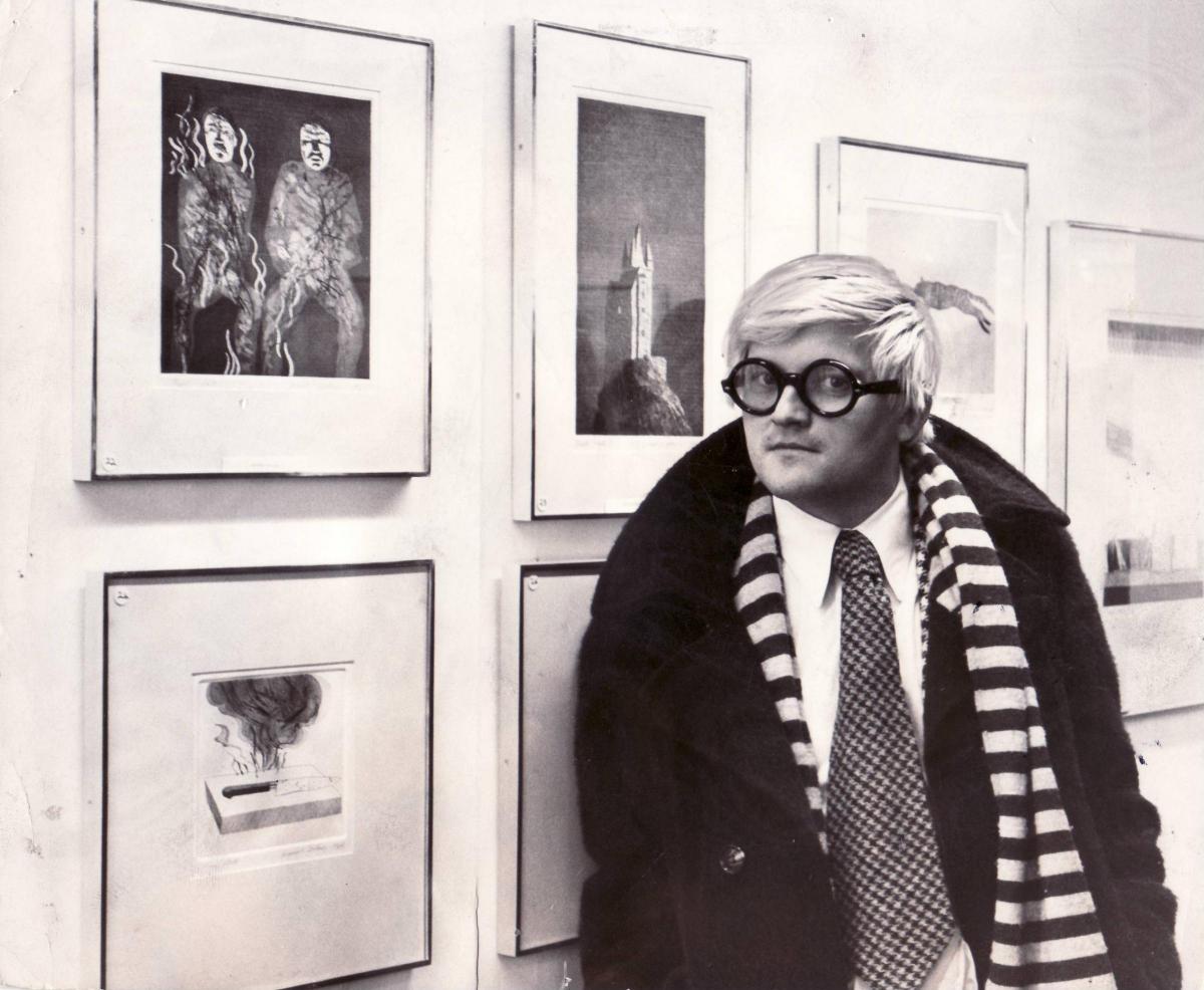 David Hockney at a gallery showing in Bradford in 1970