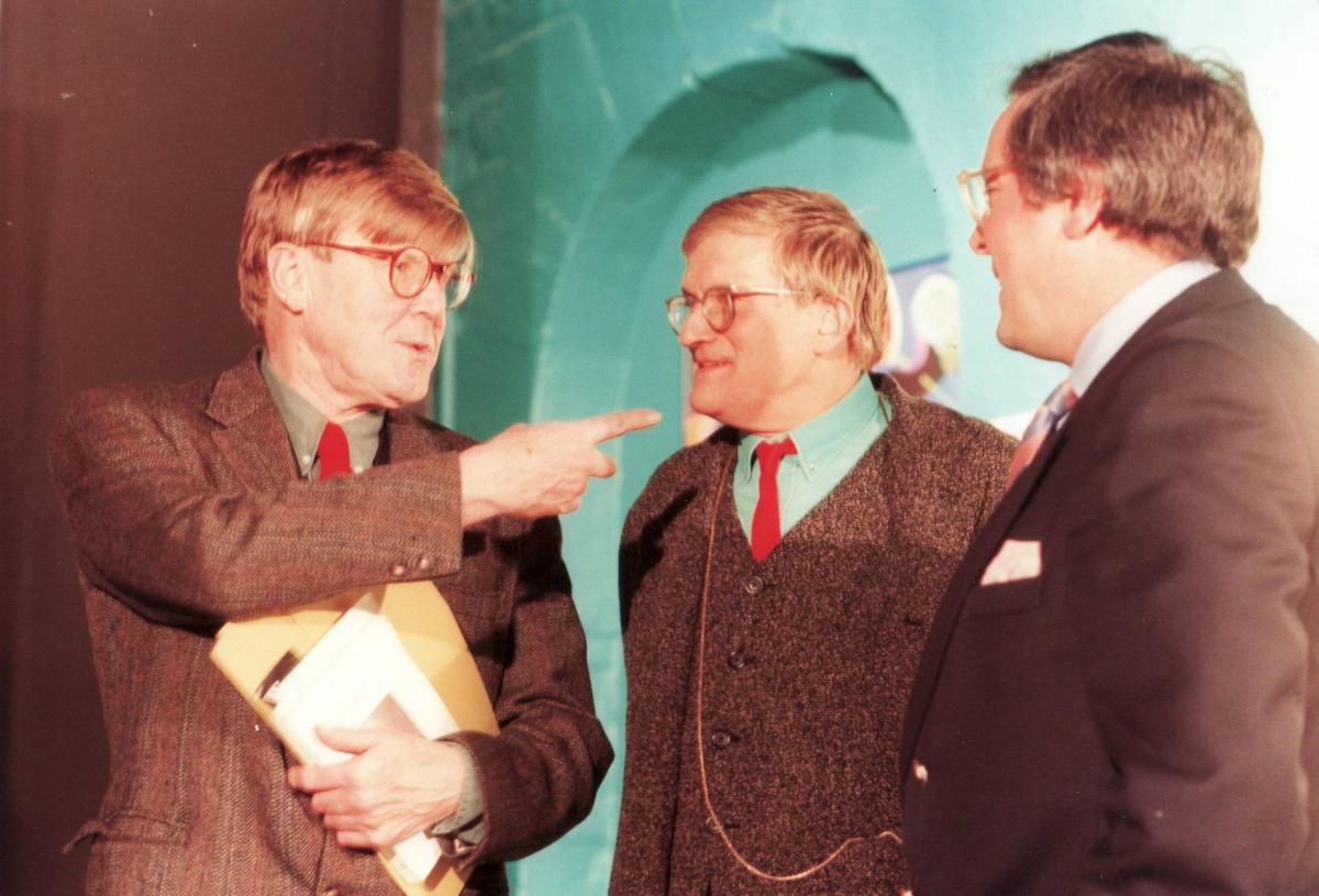 An undated image of David Hockney with Alan Bennett and Richard Whitely