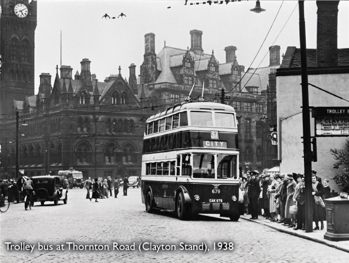 A trolley bus pictured in Thornton Road (Clayton Stand) in 1938