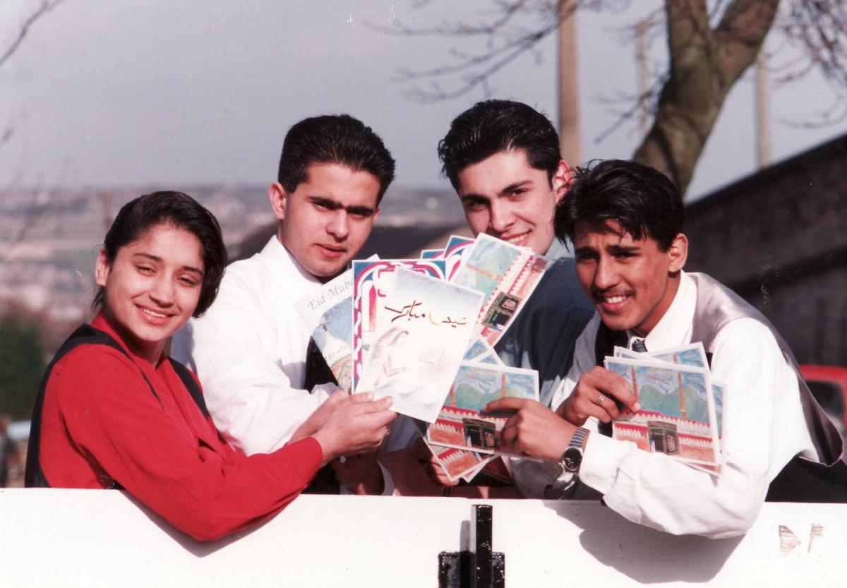 Pupils with cards at Grange Upper School 1994