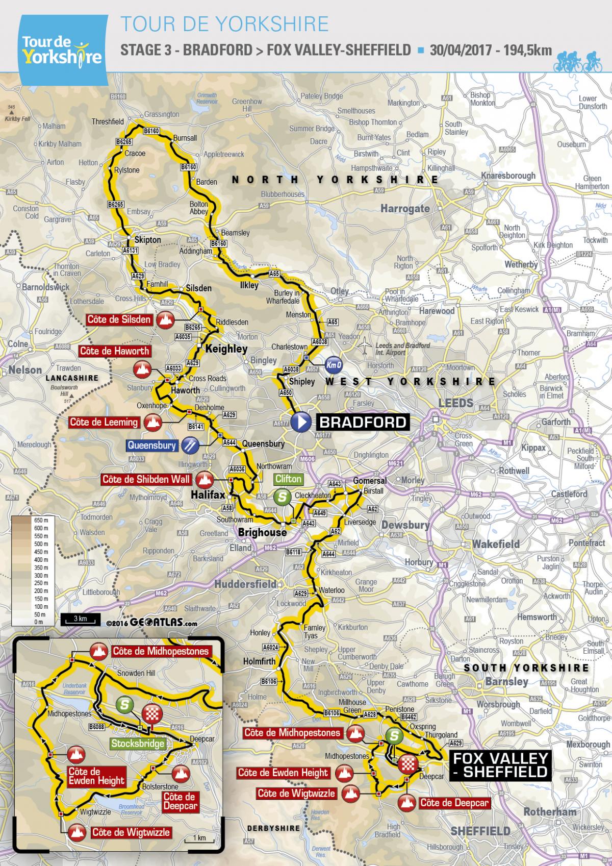 The full route for Stage 3 of the Tour de Yorkshire 2017