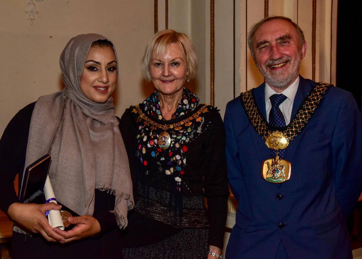 Better Start Bradford (Outstanding Achievement) award winner Salhia Ahmed, with Lord Mayor Geoff Reid and Lady Mayoress Chris Reid