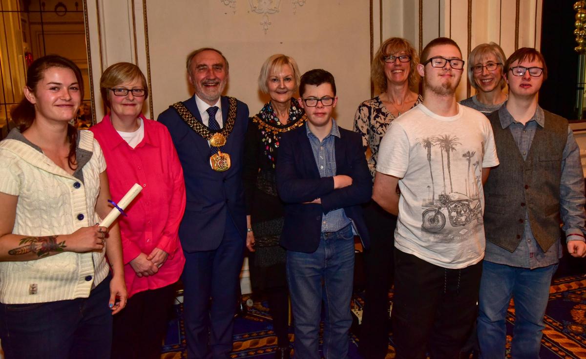Runners up in the Community Group category Down Syndrome Training and Support Service and Parent Power with Lord Mayor Geoff Reid and Lady Mayoress Chris Reid