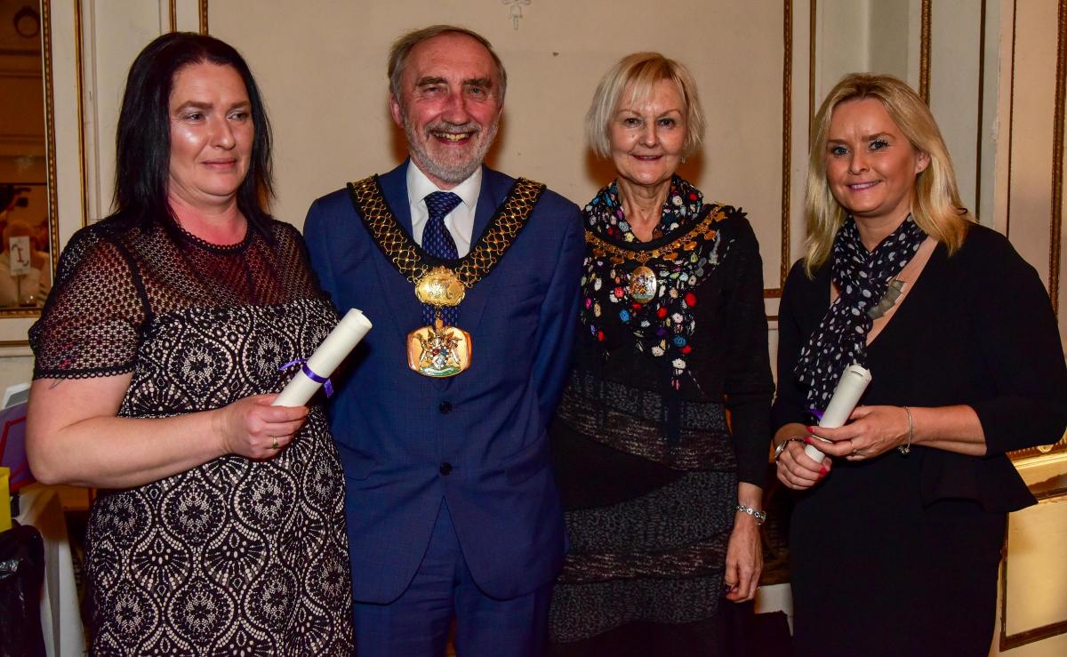Runners up in the Good Neighbour category Michelle Chapman and Jane Wootton with Lord Mayor Geoff Reid and Lady Mayoress Chris Reid