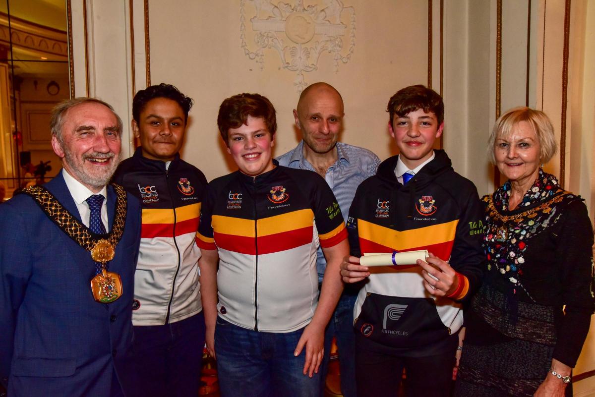 Runner up in the Community Champion category Taras Stefanyszyn with members of Bradford Cycling Club, Lord Mayor Geoff Reid and Lady Mayoress Chris Reid