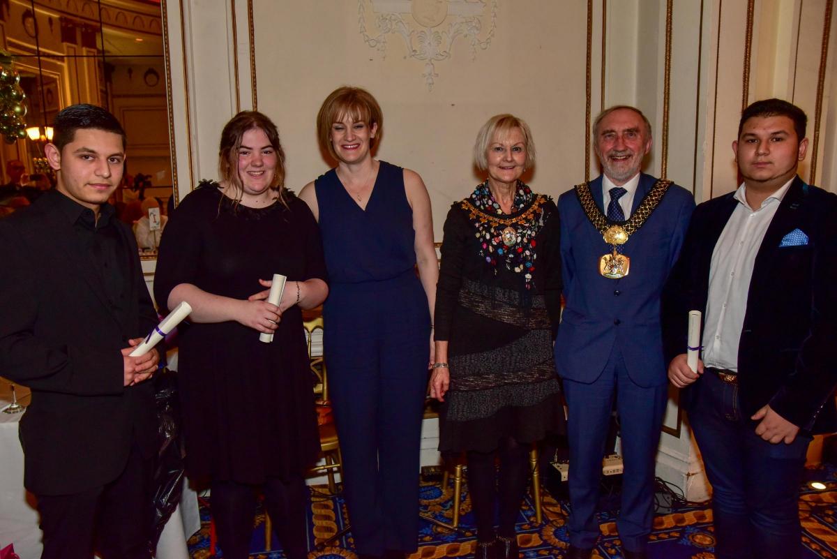 Runners up in the Young Active Citizens category Martha Holmes, Robert Tuleja and Frantisek Balaz with Lord Mayor Geoff Reid and Lady Mayoress Chris Reid