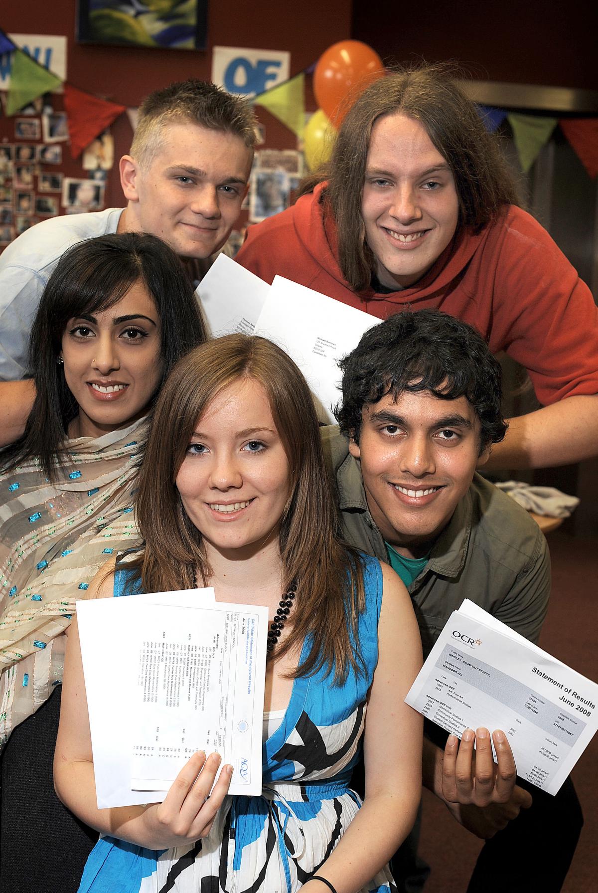 Beckfoot students, from the front, clockwise, Beth Rugen, Aisha Mohammed, Tom Redpath, Michael Burrows and Mansoor Ali, with their results