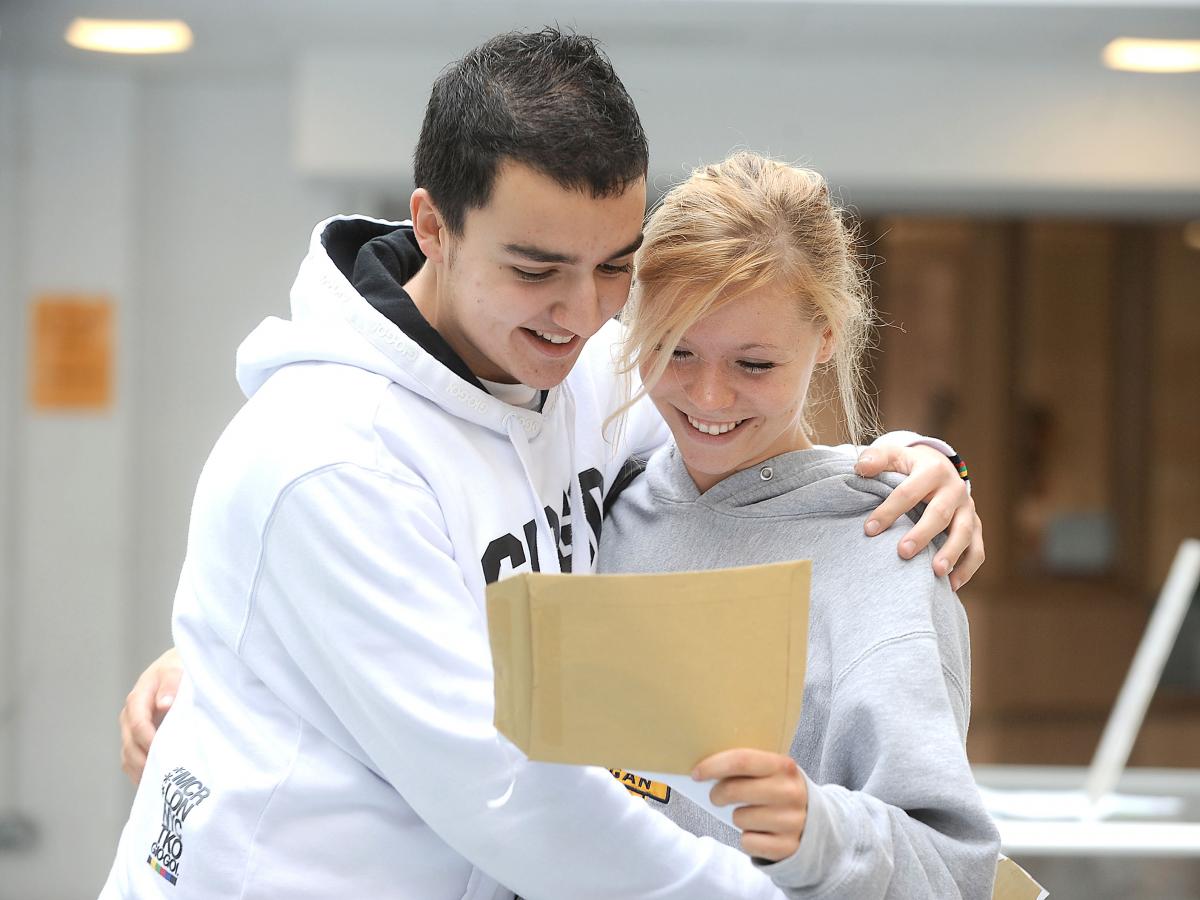 Tom Bradley and Amy Oram with their results at Dixons Academy