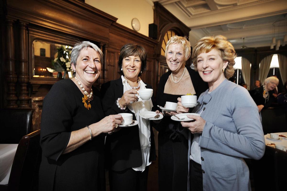 Calendar girls Angela Baker, left and Tricia Stewart, second from the right, with actresses Lynda Bellingham and Patricia Hodge, right
