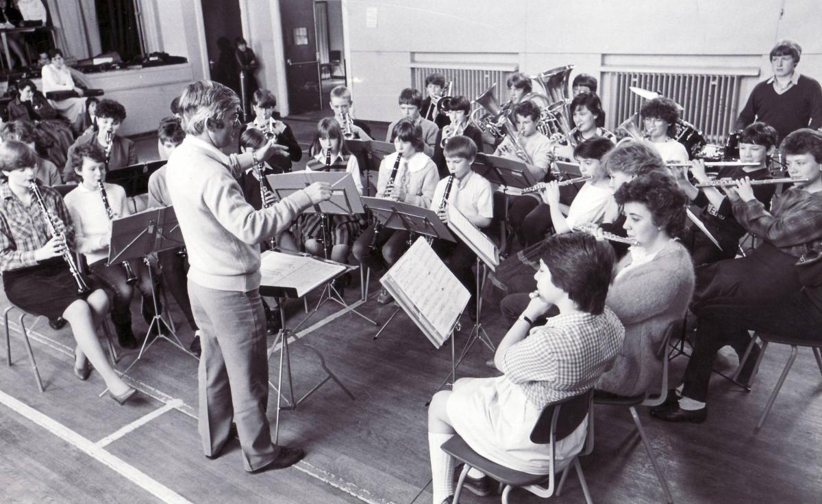 Conductor Peter Goleby rehearsing with the concert band at Queensbury Music Centre in 1984