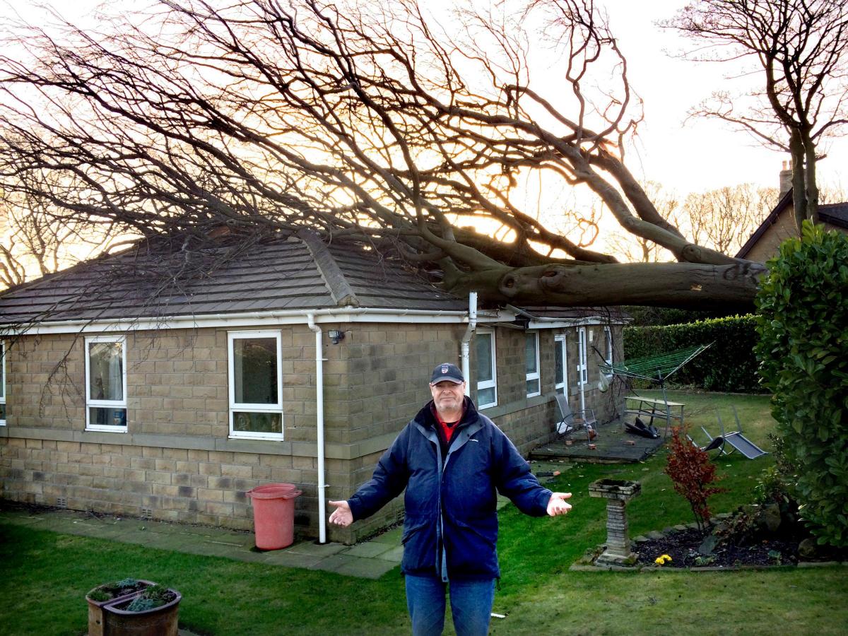 JANUARY Les Mairs with his bungalow in Birkenshaw which had been hit by a fallen tree due to high winds