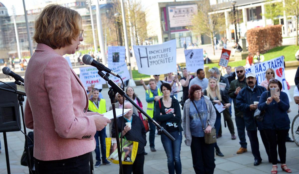 APRIL A demonstration outside City Hall where Council Susan Hinchcliffe addresses the meeting over benefits cuts