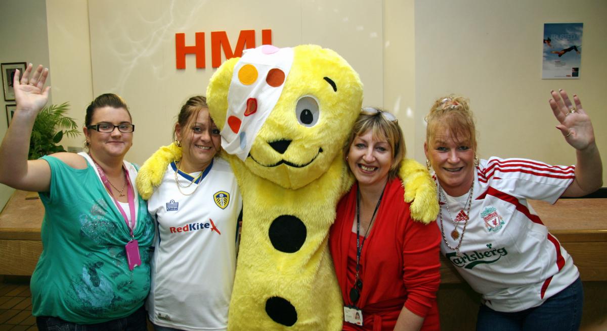 Pudsey Bear, alias Samantha Davis with, from the left, Alyson Hames, Penny Hunter, Belinda Robb and Sally Wilkin