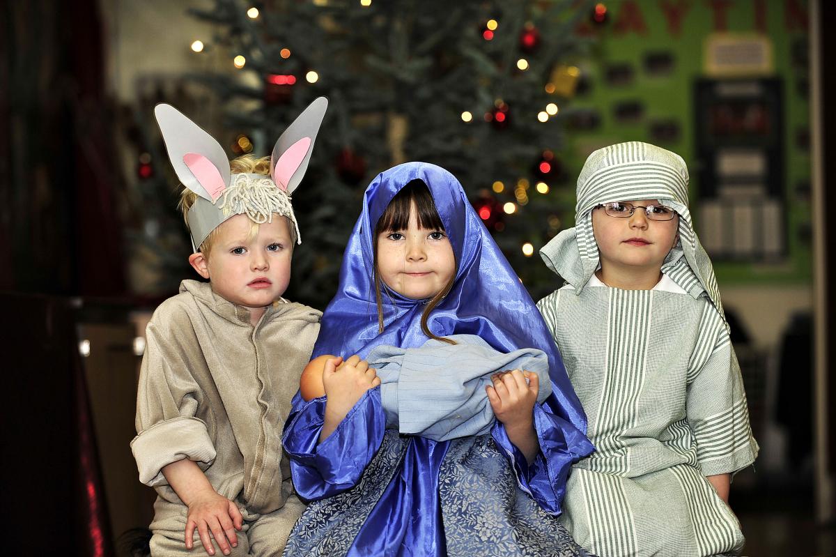 Rehearsing for their Nativity at Eldwick Primary School are, from the left, Jake Stross (donkey), Mia Hodges (Mary) and James Nelson (Joseph)