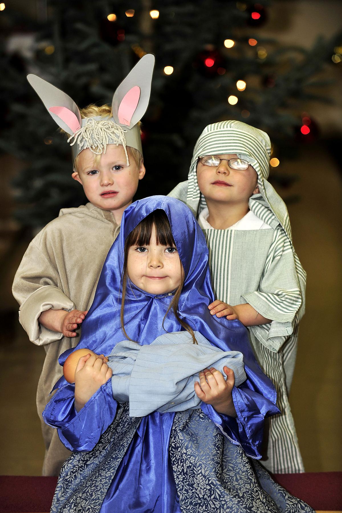 Rehearsing for their Nativity at Eldwick Primary School are Jake Stross (donkey), Mia Hodges (Mary) and James Nelson (Joseph)