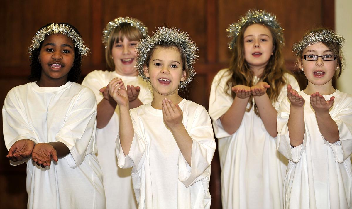 Angels in Knowleswood Primary School Nativity are, from the left, Sisi Sibanda, Megan Busfield, Lauren Clark, Olivia English and Jade Flowers