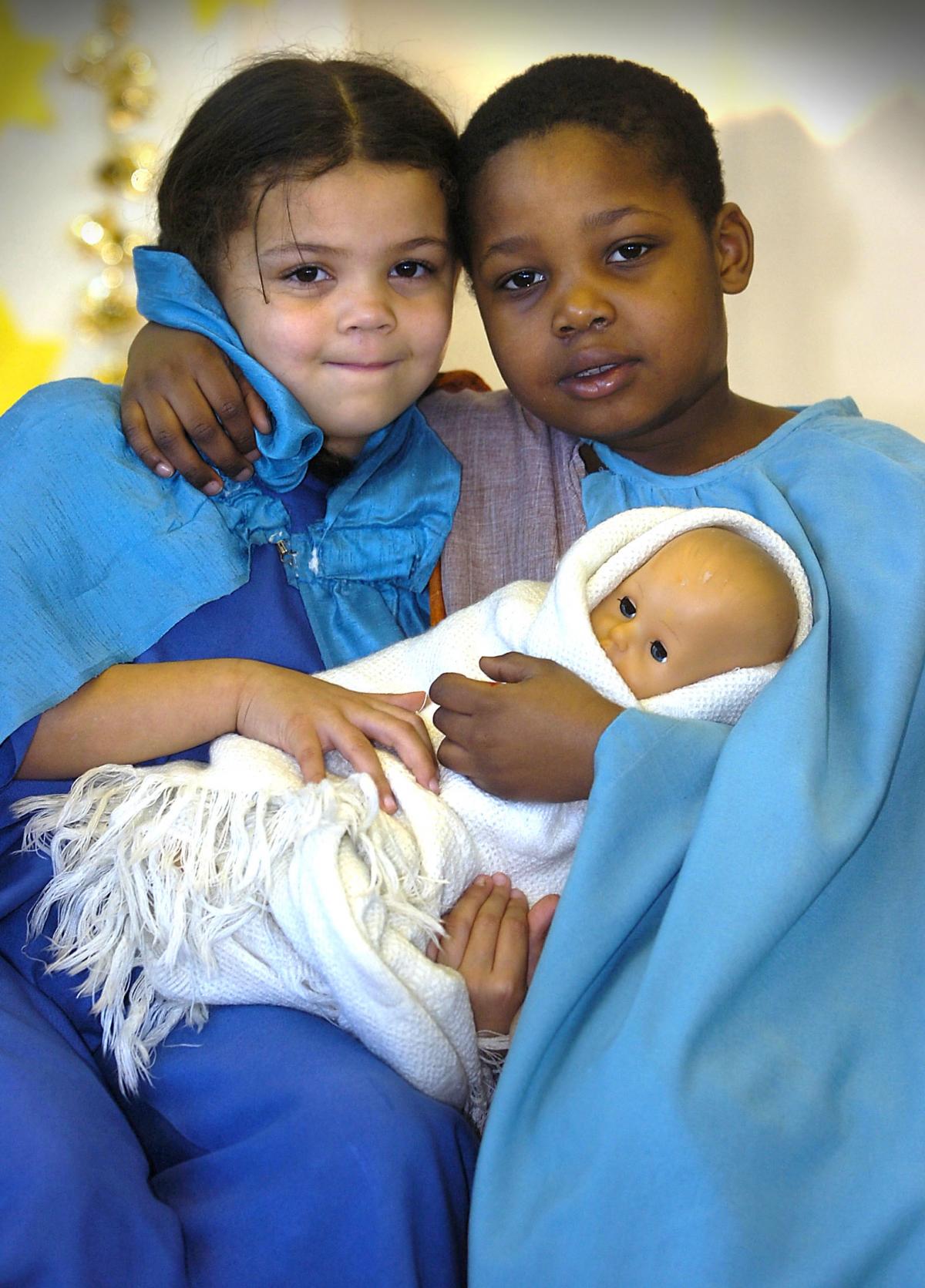 Kaitlin Hackney and Colin Newbe as Mary and Joseph in Springwood Primary School, Bradford, Nativity