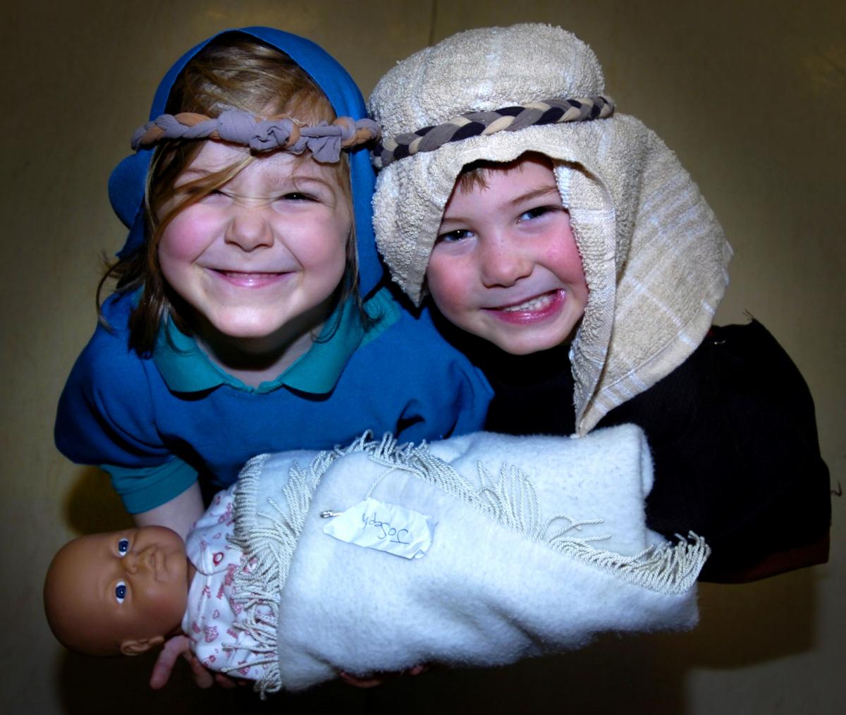 Chloe Adams and Bradley Hindle as Mary and Joseph in Poplars Farm Primary School Nativity