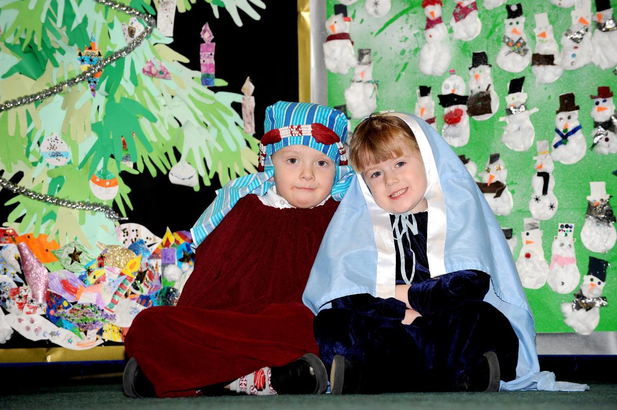 Taking part in Newhall Park Primary School Nativity 'Christmas Around the World' were Kieran Kelly (Joseph) and Bobbi Jo Simpson (Mary)