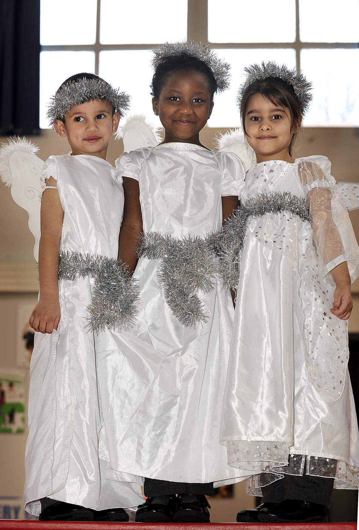 Taking part in Horton Grange Primary School Nativity were, from the left, Awais Mustafa, Francine Bongo and Seher Imran