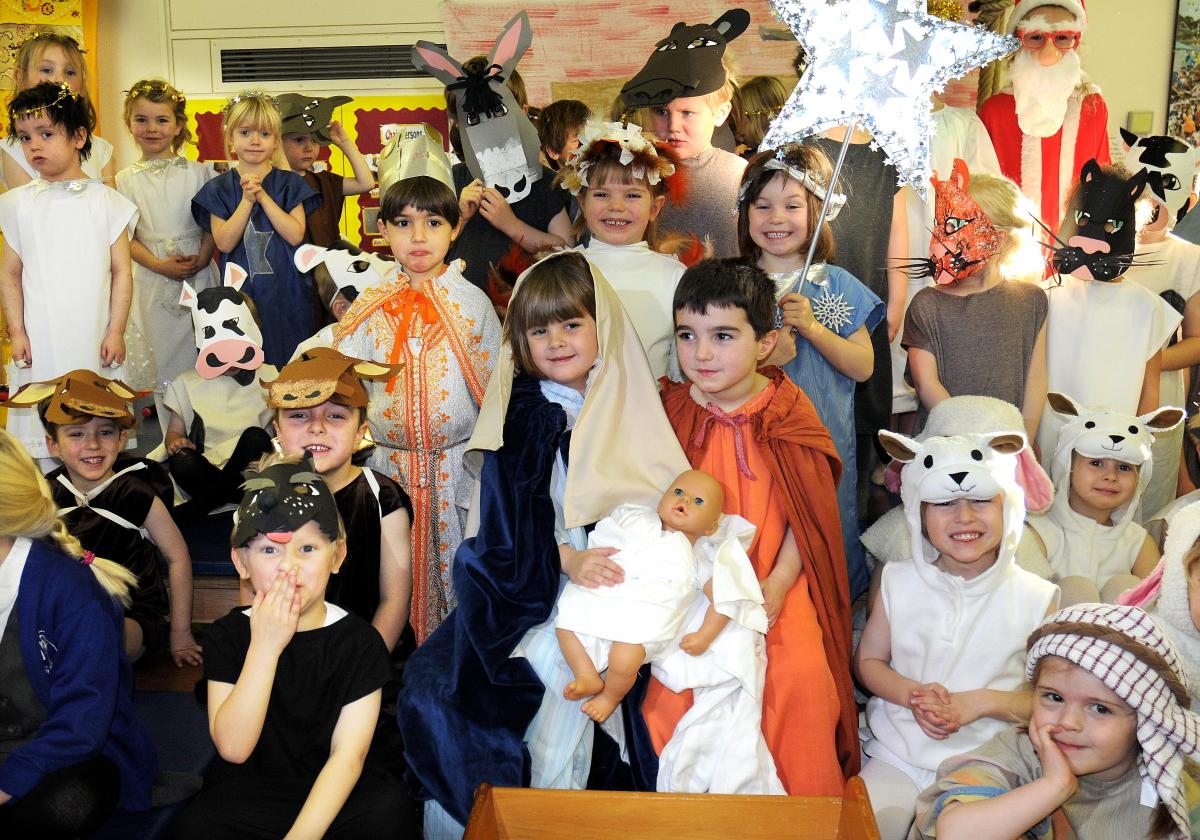 The cast of Menston Primary School Nativity 'The Little Owl and the Star, with Joseph Bevan and Sophie Robson as Joseph and Mary