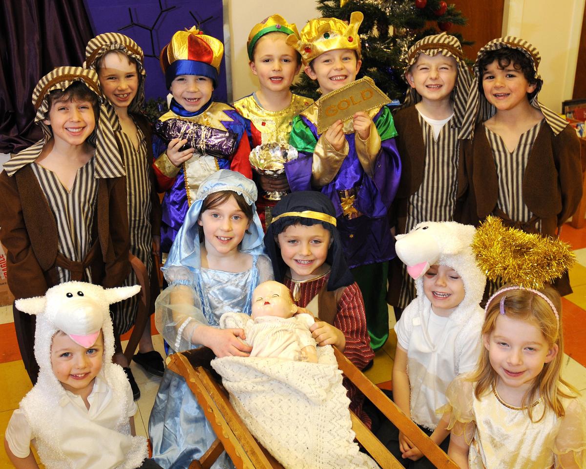 The cast of St Mary's RC Primary School, Horsforth, Nativity with Phoebe Cliff and William Salmon as Mary and Joseph