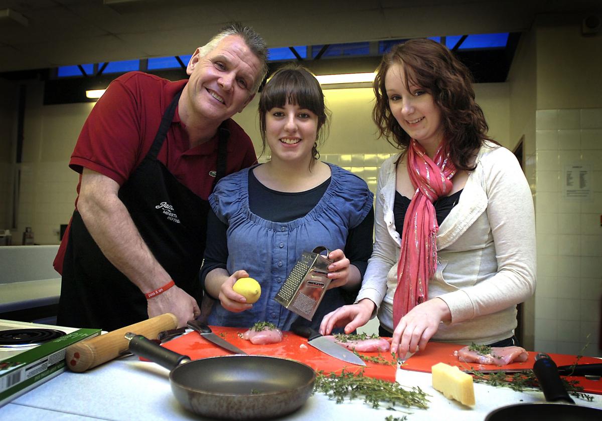 ‘Mick the Miner’, who starred in Jamie Oliver’s Ministry of Food programme, has been passing on his cooking knowledge to students. Mick Trueman is pictured with Sarah Horan, centre, and Stephanie Sissons