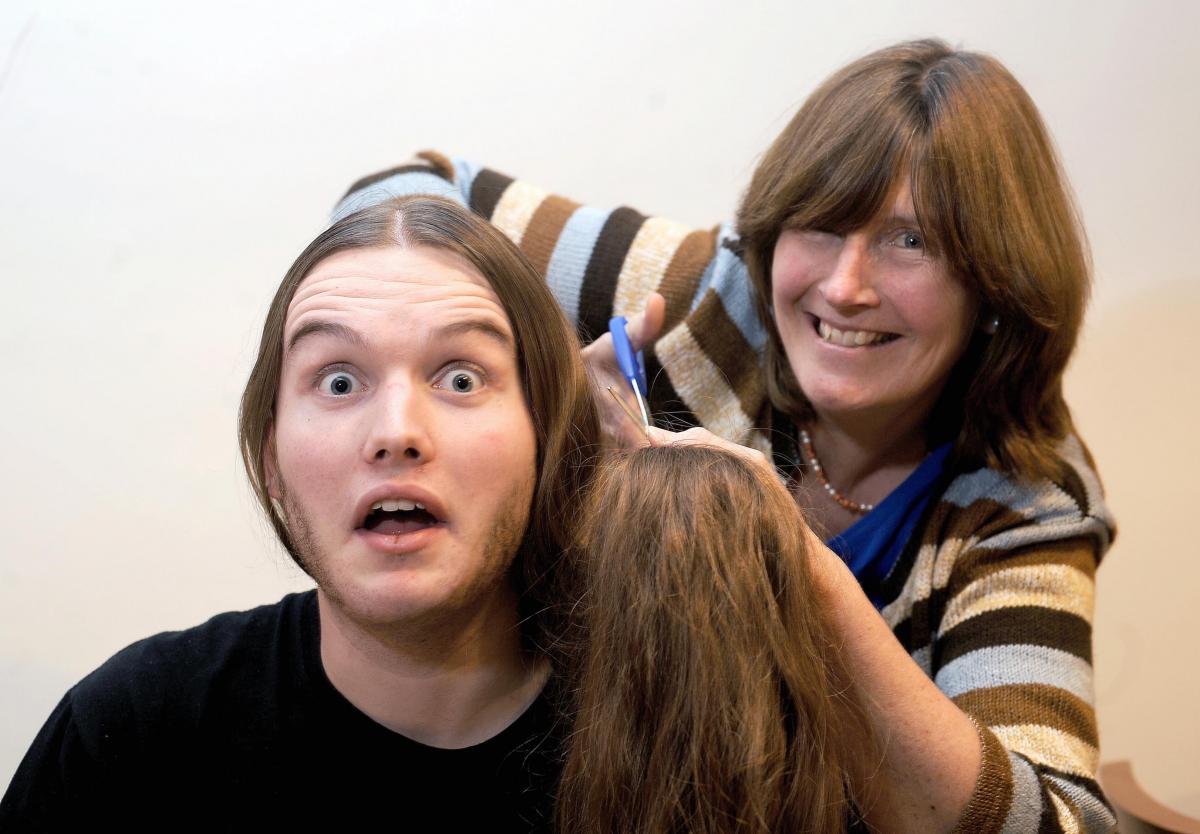 It’s going, going – and by this Saturday will have gone. Alex Harrison’s locks are for the chop for the first time in six years. Alex is pictured with his mum Alison getting in some cutting practice