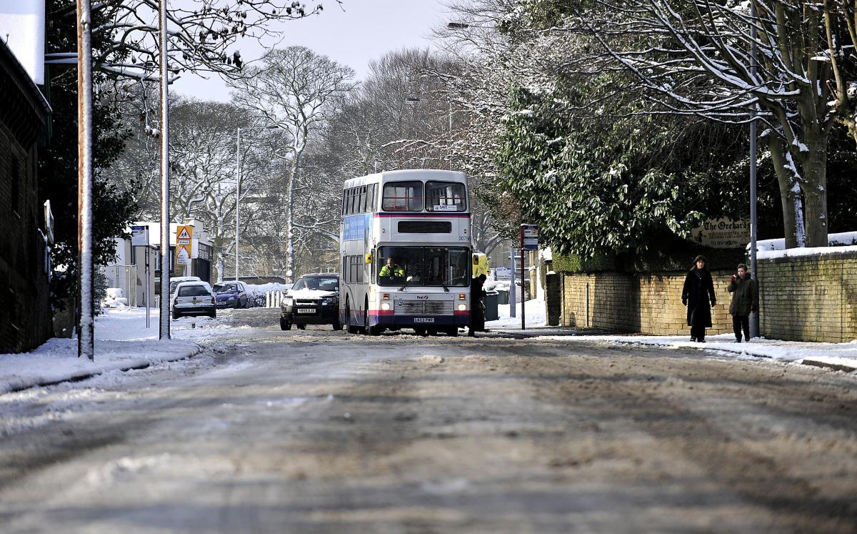 Traffic struggling to negotiate Emm Lane, Bradford, on Tuesday morning (February 3).