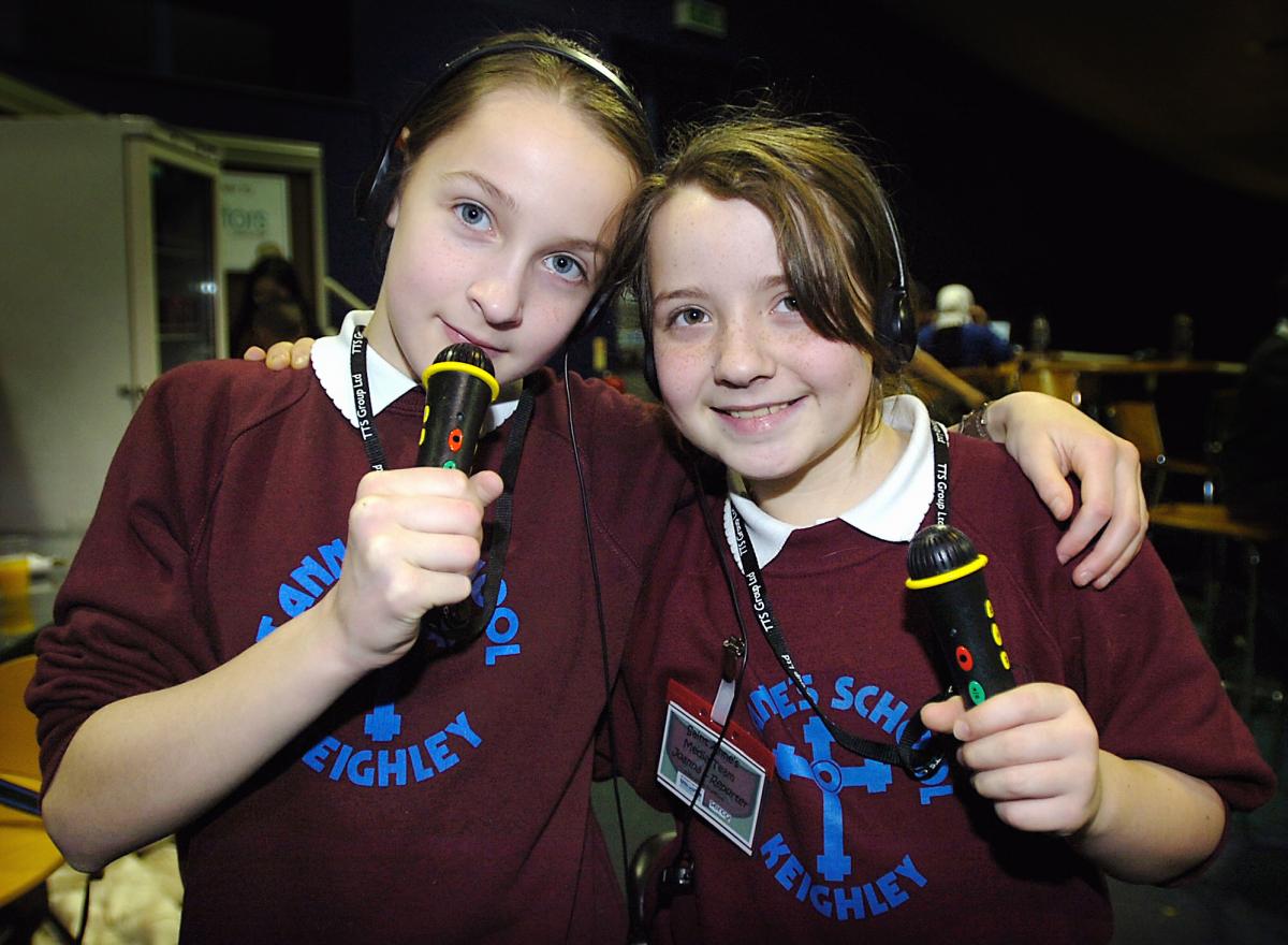 School pupils turned reporters for the day to report on a Bradford conference hosted by TV presenter Johnny Ball to discuss the use of new technology in the classroom. Pictured are Sarah Szczur, left, and Joanna Sutherland.