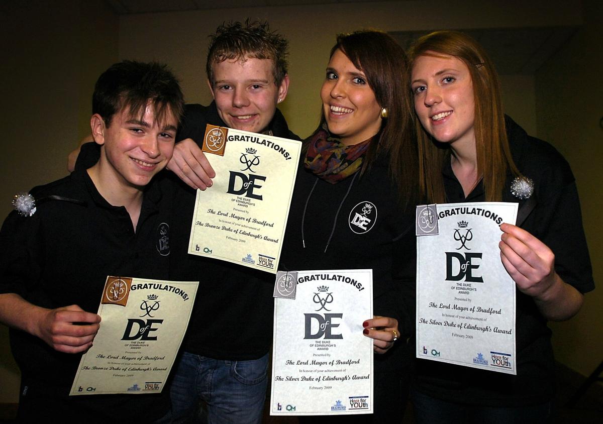 Young people who have gained the Duke of Edinburgh awards were presented with trophies by Bradford’s Lord Mayor Councillor Howard Middleton. Pictured from the left are Jonathan Gaunt, Matthew Parkinson, Emily Clark and Rosie Clark.