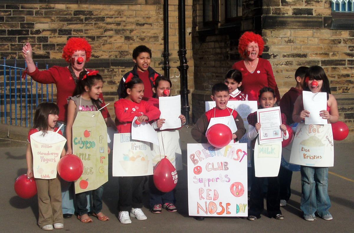 Marshfield School's Red Nose Day started at 8am with the breakfast club actually getting dressed up as breakfast! The then went into the playground with collecting buckets and raised £56.52. At lunchtime some very brave teachers agreed to get 'soaked', p