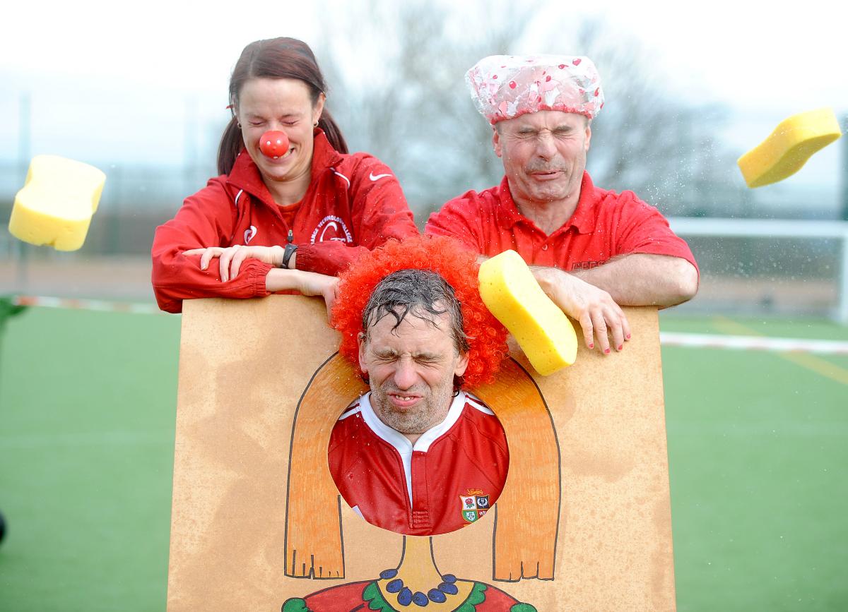 Pupils paid to throw wet sponges at their teachers on Red Nose Day at Grange Academy.
