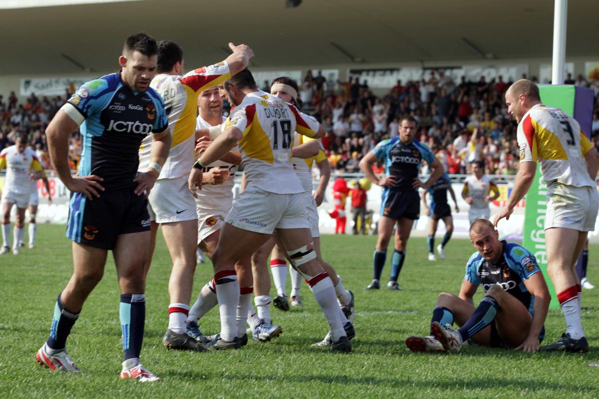 Action from the Bulls' Challenge Cup game at Catalans