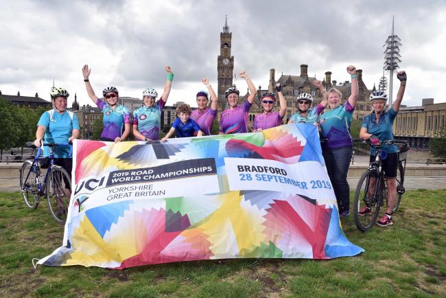 Members of the Bingley belles and the Queensbury Queens celebrate 100 days to go until the UCI world championships..